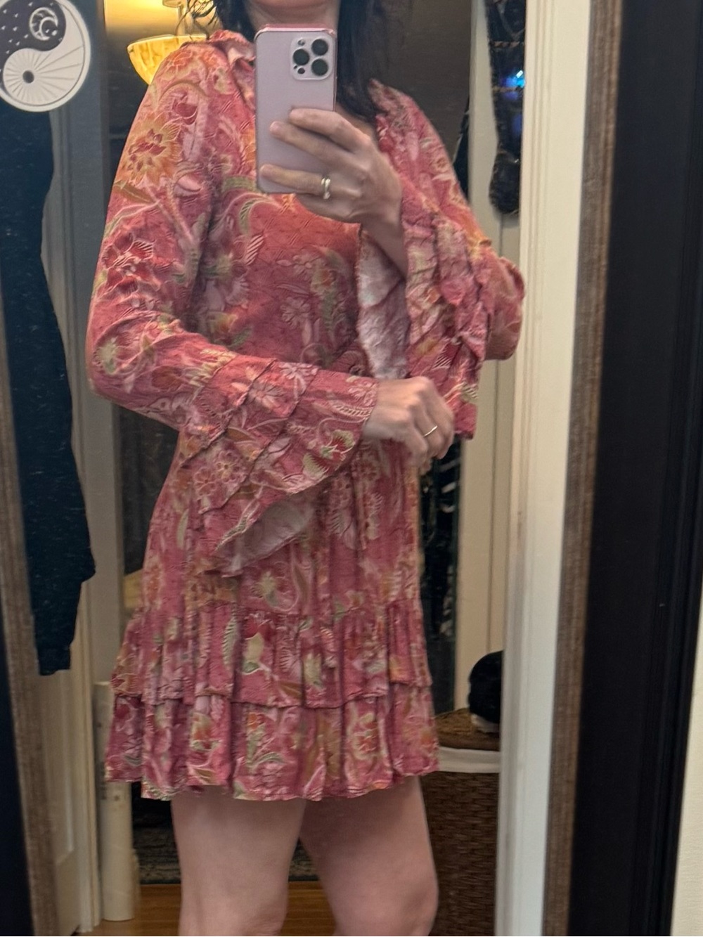 Anthropologie Rose Pink Floral Ruffle Tie-Waist Mini Dress - Picture 6 of 6